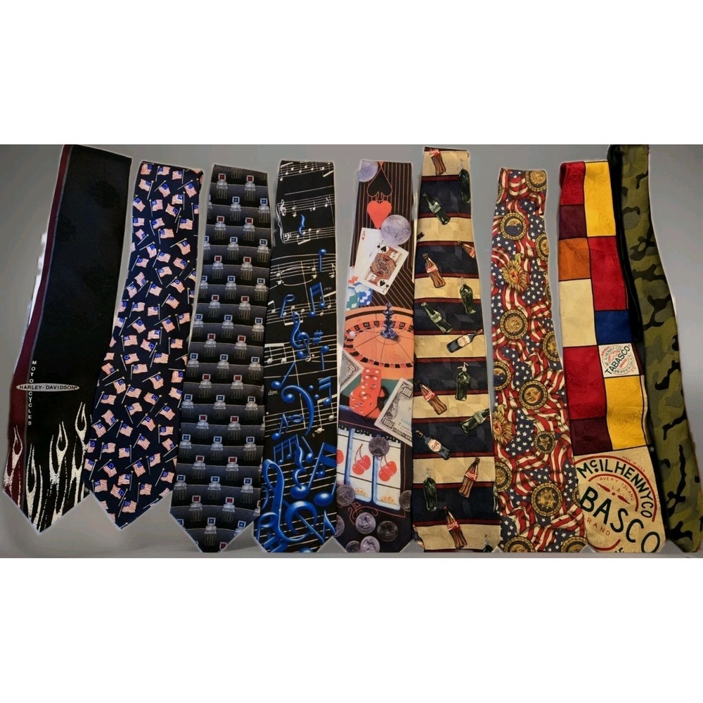Vintage 90s Y2K Novelty Tie Lot 9 Harley Coca Cola Tabasco USA Gambling Camo